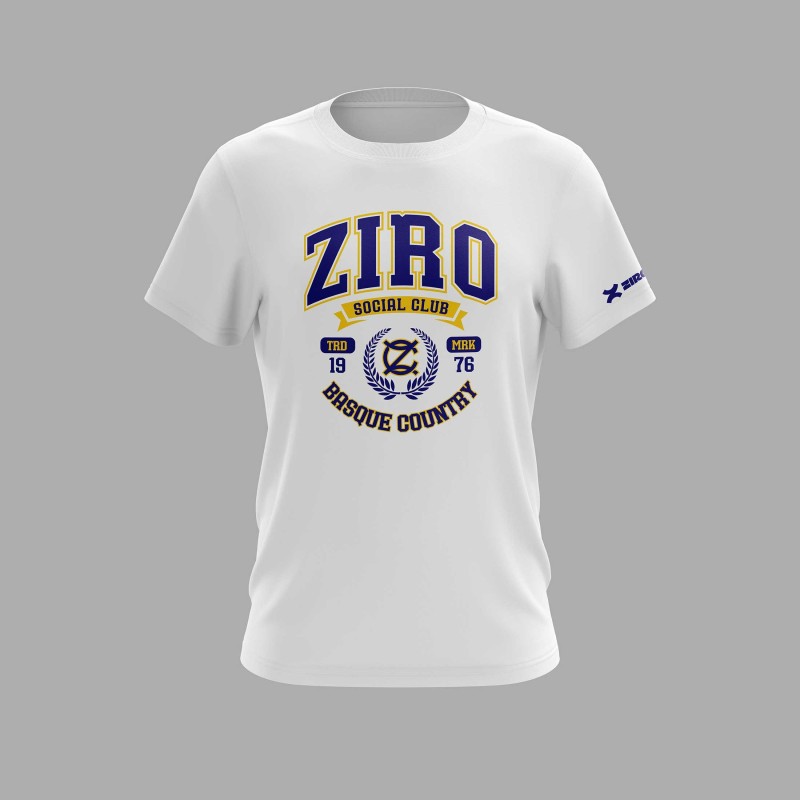 White men's t-shirt with ZIRO Social Club front print and Basque Country graphic. Classic fit and varsity style by ZiroClub. White men's t-shirt with ZIRO Social Club front print and Basque Country graphic. Classic fit and varsity style by ZiroClub.